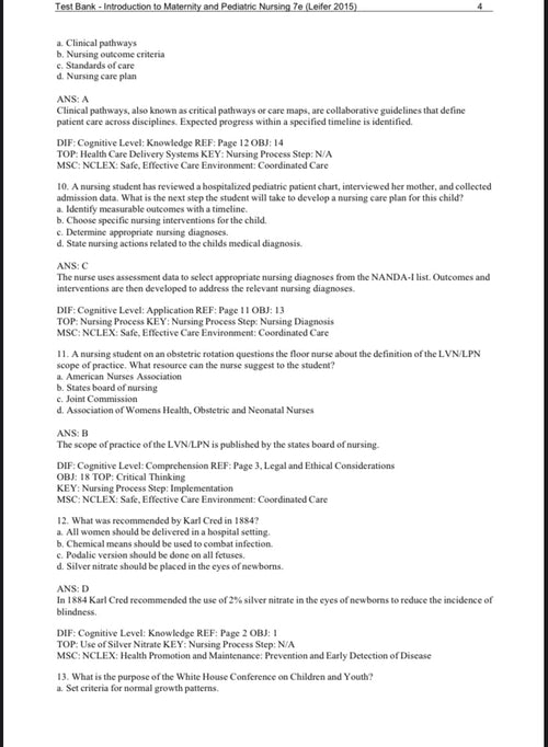 Test Bank - Introduction to Maternity and Pediatric Nursing 7th edition by Leifer